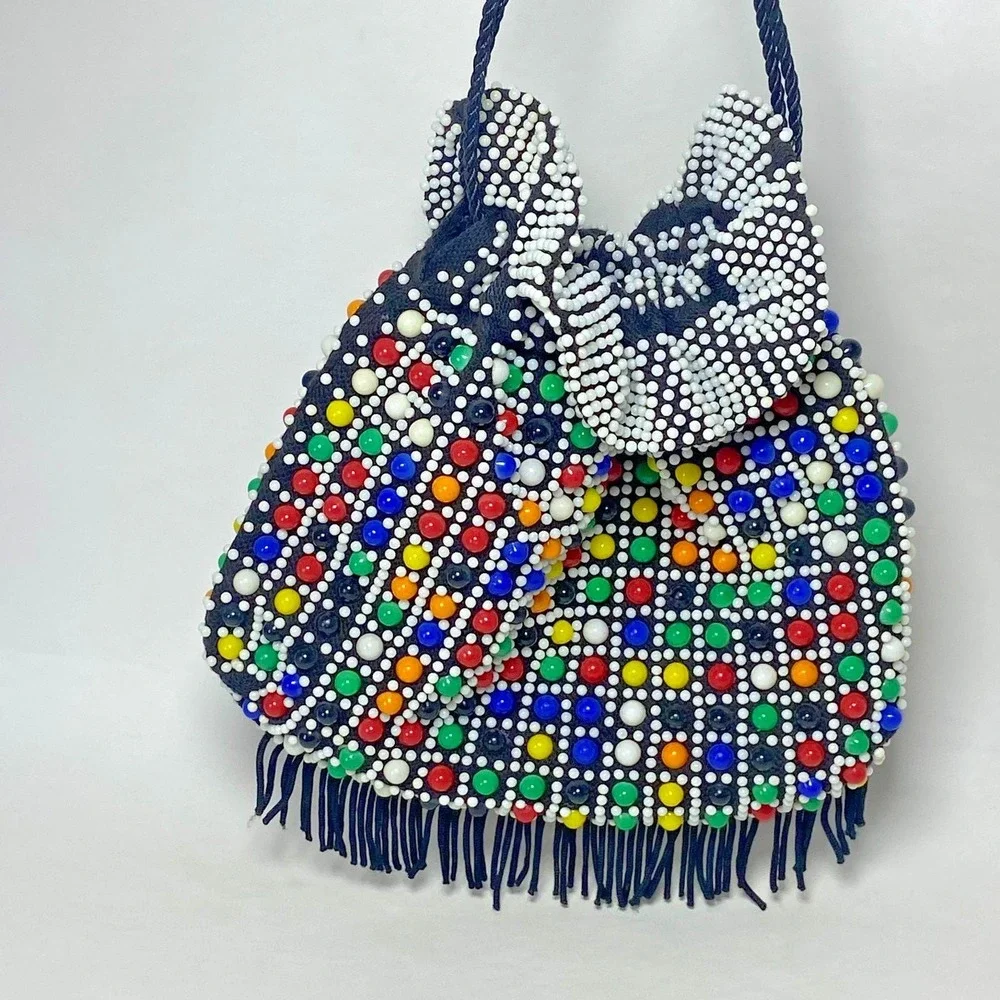 Vintage Beaded Cinch Purse Fringed  Bag‎ 1970's Candy Dot Drawstring Colorful